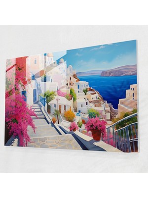 Popcasso Santorini Manzarası Cam Tablo Oia Modern Sanat Teması