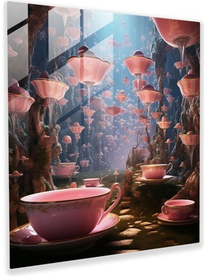 Popcasso Sürreal Dijital Sanat: Havadaki Çay Bardakları Temperli Cam Tablo - Still Life Temalı Modern Sanat