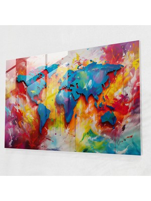 Popcasso Dünya Haritası Temperli Cam Tablo - Modern Sanat Tarzında Dünya Haritası