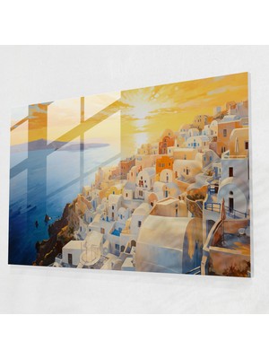 Popcasso Santorini Günbatımı Modern Sanat Cam Tablo - Izlenimci Tarzda, Çarpıcı Manzara ile