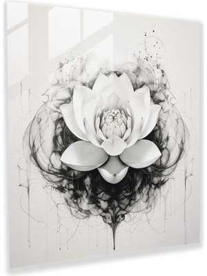 Popcasso Zen Lotus Temperli Cam Tablo - Monokrom Mürekkep Çizimi ile Duvar Dekorasyonu