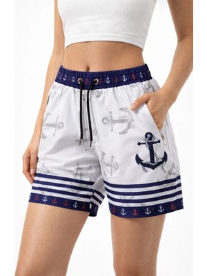 Asmedo Kadın Deniz Şortu Fermuarlı Cepli File Astarlı Hızlı Kuruyan Premium - Beyaz