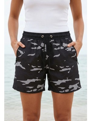 Asmedo Kadın Deniz Şortu Fermuarlı Cepli File Astarlı Hızlı Kuruyan Premium - Siyah