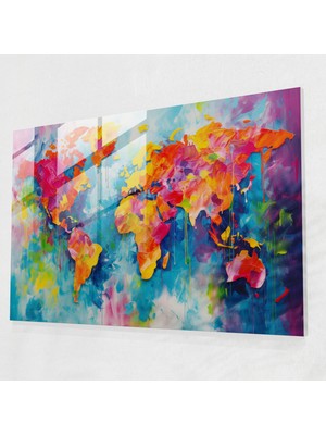 Popcasso Dünya Haritası Temperli Cam Tablo - Ifadeci Fırça Darbeleri ile Modern Sanat Temalı Duvar Dekorasyonu