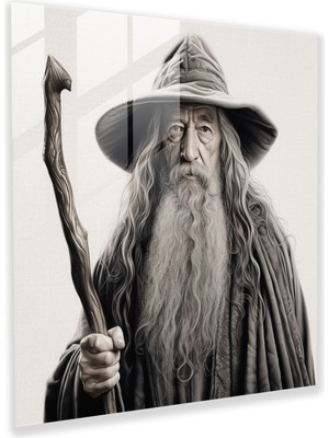 Popcasso Efsanevi Gandalf Gri Cam Tablo - Yüzüklerin Efendisi Modern Sanat Temalı Dekoratif Cam Tablo