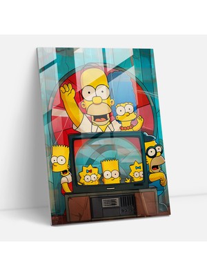 Popcasso Retro Tv Set Cam Tablo - The Simpsons Temalı Cam Duvar Tablosu Modern Sanat