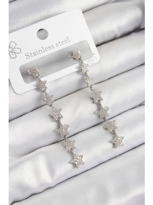 Nacario Mey Ithalat® Pirinç Zirkon Taşlı Sallantılı Yıldız Model Gümüş Renk Kadın Küpe