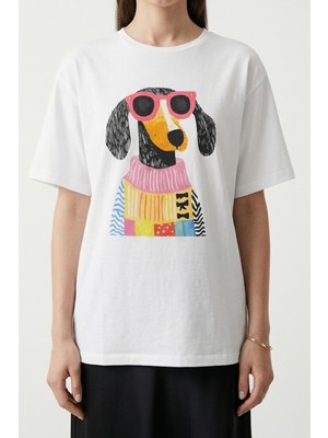 Iperia Ekru %100 Pamuk Köpek Baskılı Oversize T-Shirt