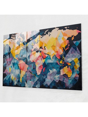 Popcasso Dünya Haritası Geometrik Şekiller Temperli Cam Tablo Modern Sanat Detayları ile