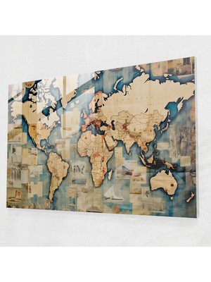 Popcasso Dünya Haritası Cam Tablo - 2 Damgalar ile Vintage Stil 千禧