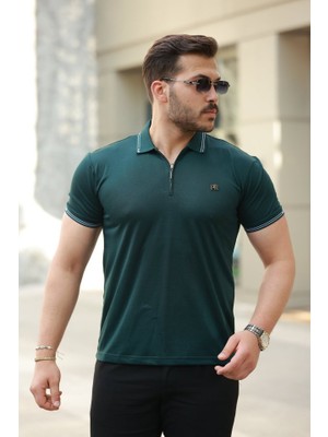 Erkek Yaka ve Kolları Çizgi Detaylı Fermuar Yakalı Kısa Kollu Tişört