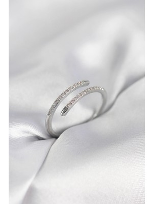 Nacario Mey Ithalat® Gümüş Renk Yılan Kuyruk Model Zirkon Taşlı Kadın Yüzük