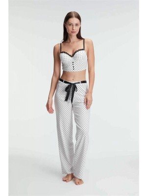 Pileli Store Pilelistore Fantezi Bralet Sütyen Pamuklu Puantiye Desenli Desteksiz Dantel Detaylı Pijama Takımı