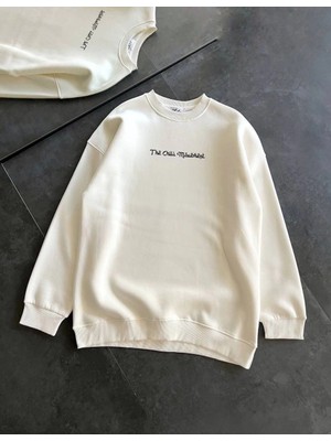 Asmedo Kadın 3 Iplik Pamuklu Bisiklet Yaka Baskılı Sweatshirt - Beyaz