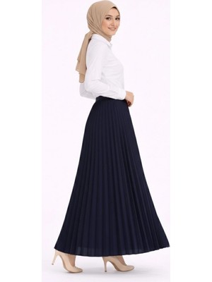 Pileli Store Tesettür Beyaz Gömlekli Pliseli Etek Ikili Takım Gündelik ve Ofis Şıklığı - Lacivert