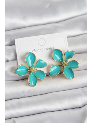 Pileli Store Pilelistore  Turkuaz Mineli Çiçek Model Pirinç Kadın Küpe