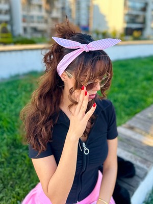 YamanCo Store Pembe Ekose Kadın Pamuklu Poplin Lastikli Bağlamalı Bandana