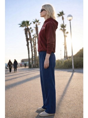 Damga Kadın Yüksek Bel Lastikli Lacivert Keten Pantolon