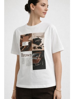 Iperia  Ekru %100 Pamuk Chocolate Baskılı Oversize T-Shirt