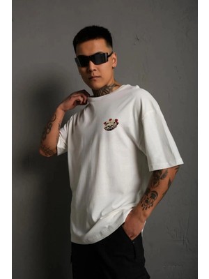 Asmedo Erkek Kısa Kol Tişört Bisiklet Yaka Kuru Kafa Baskılı T-Shirt - Beyaz
