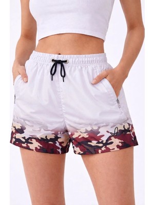 Asmedo Kadın Deniz Şortu Fermuarlı Cepli File Astarlı Hızlı Kuruyan Premium - Beyaz