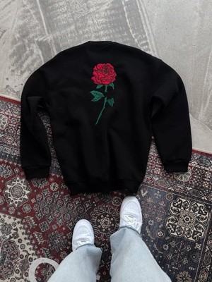 Asmedo Kadın Oversize Kapüşonlu Cepli Gül Baskılı 3 Iplik Pamuklu Hoodie Sweatshirt - Siyah