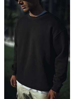 Asmedo Erkek Pamuklu Bisiklet Yaka 3 Iplik Basic Sweatshirt - Siyah