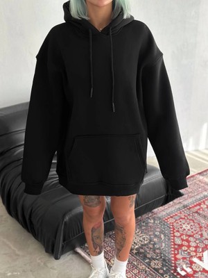 Asmedo Kadın Kapüşonlu Kanguru Cepli 3 Iplik Pamuklu Oversize Hoodie Sweatshirt - Siyah