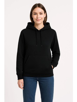 Asmedo Kadın 3 Iplik Pamuklu Kapüşonlu Kanguru Cepli Sweatshirt Hoodie - Siyah