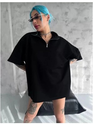 Asmedo Kadın Yarım Fermuarlı Tişört Düz Oversize T-Shirt - Siyah