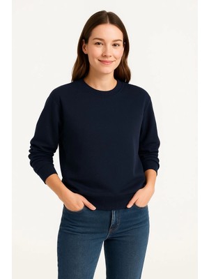 Asmedo Kadın 3 Iplik Pamuklu Düz Bisiklet Yaka Sweatshirt - Lacivert