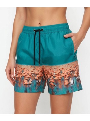 Asmedo Kadın Deniz Şortu Fermuarlı Cepli File Astarlı Hızlı Kuruyan Premium - Su Yeşili