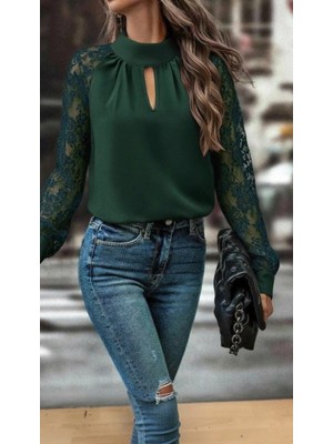 Pileli Store Pilelistore- Kadın Uzun Kollu Göğüs Pencere Detay Yaka Boğazlı Kolları Tüllü Sandy Bluz