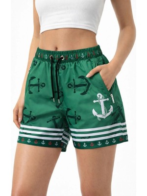 Asmedo Kadın Deniz Şortu Fermuarlı Cepli File Astarlı Hızlı Kuruyan Premium - Yeşil