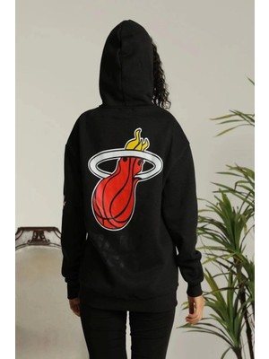 Asmedo Kadın Oversize Kapüşonlu Cepli Baskılı 3 Iplik Pamuklu Hoodie Sweatshirt - Siyah