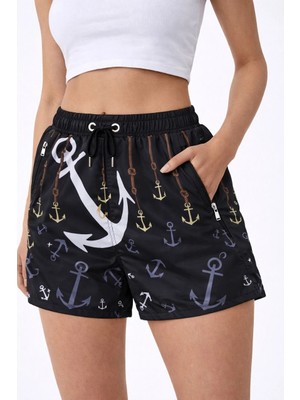 Asmedo Kadın Deniz Şortu Fermuarlı Cepli File Astarlı Hızlı Kuruyan Premium - Siyah