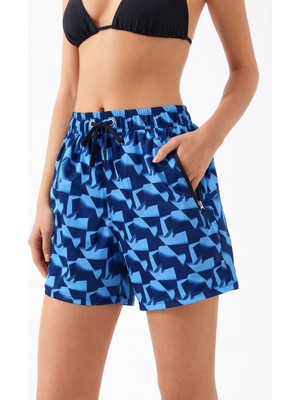 Asmedo Kadın Deniz Şortu Fermuarlı Cepli File Astarlı Hızlı Kuruyan Premium - Mavi