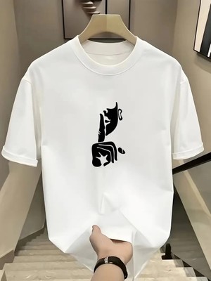 Asmedo Kadın T-Shirt Bisiklet Yaka Kısa Kol Baskılı Tişört - Beyaz