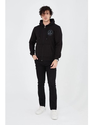 Asmedo Erkek 3 Iplik Pamuklu Fermuarlı Kapüşonlu Kanguru Cepli Baskılı Hoodie Hırka Sweatshir