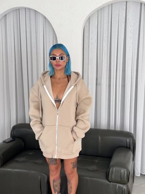 Asmedo Kadın 3 Iplik Pamuklu Kapüşonlu Kanguru Cepli Baskılı Oversize Hoodie Sweatshirt - Bej