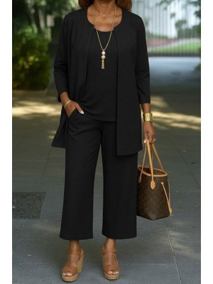 Kadın Uzun Kollu Önü Açık Modal Ceket Kolsuz Viskon Iki Iplik Bluz ve Pantolon Üçlü Takım
