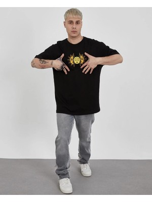 Asmedo Erkek Kısa Kol Yazlık Tişört Bisiklet Yaka Baskılı Oversize T-Shirt - Siyah