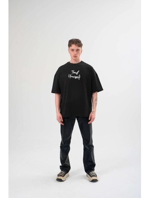 Asmedo Erkek Kısa Kol Yazlık Tişört Bisiklet Yaka Baskılı Oversize T-Shirt - Siyah