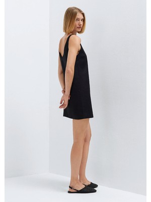 Mavi Siyah Keten Mini Elbise 1310843-900