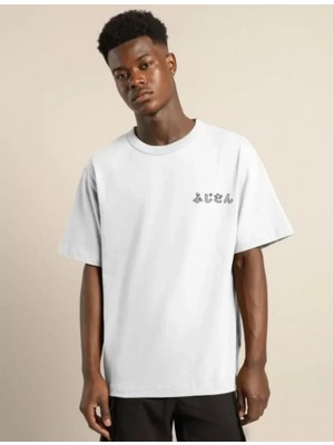 Pileli Store Pilelistore- Unisex Bisiklet Yaka Baskılı Oversize T-Shirt - Beyaz