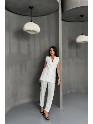 Jakar Kumaş Yelek - Pantolon Takım - Beyaz