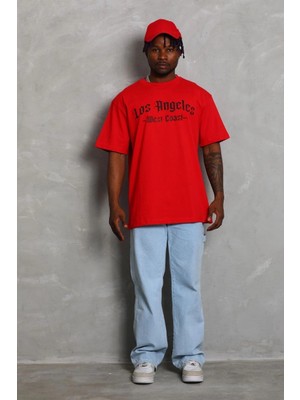 Asmedo Erkek Baskılı Tişört Kısa Kol Bisiklet Yaka Oversize T-Shirt - Kırmızı