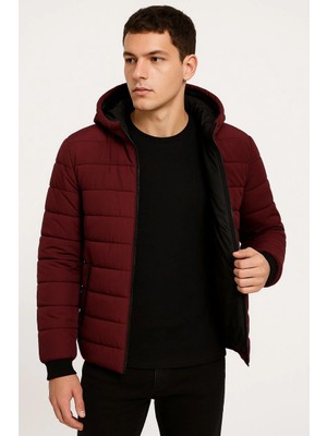 Asmedo Erkek Şişme Kapüşonlu Fermuarlı Mont Su Itici Kapitone Cepli Ceket - Bordo