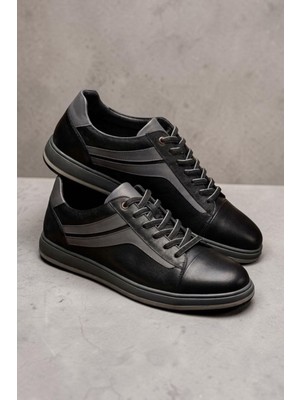 Zueofficial Erkek Hakiki Deri Siyah Sneaker Günlük Spor Ayakkabı