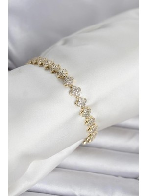 Senka Mey Ithalat® Pirinç Gold Renk Yonca Model Sıralı Zirkon Taşlı Kadın Bileklik